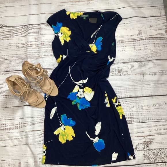 Lauren Ralph Lauren Dresses & Skirts - 133. Ralph Lauren Blue Cross Over Floral Dress EUC Size 12